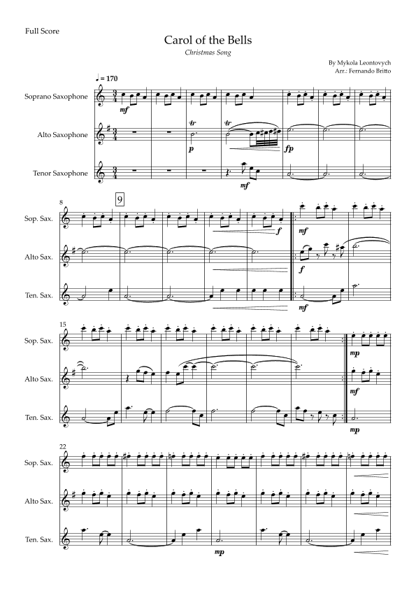 Carol of The Bells - Jazz Version (Christmas Song) for Saxophone Trio (arr. Fabio Britto)