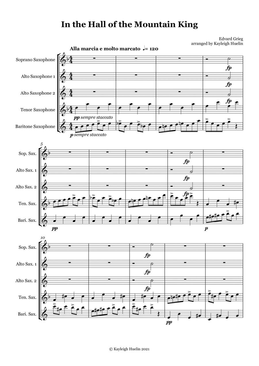 In the Hall of the Mountain King by Edvard Grieg - Saxophone quintet (SAATB) (arr. Kayleigh Huelin)