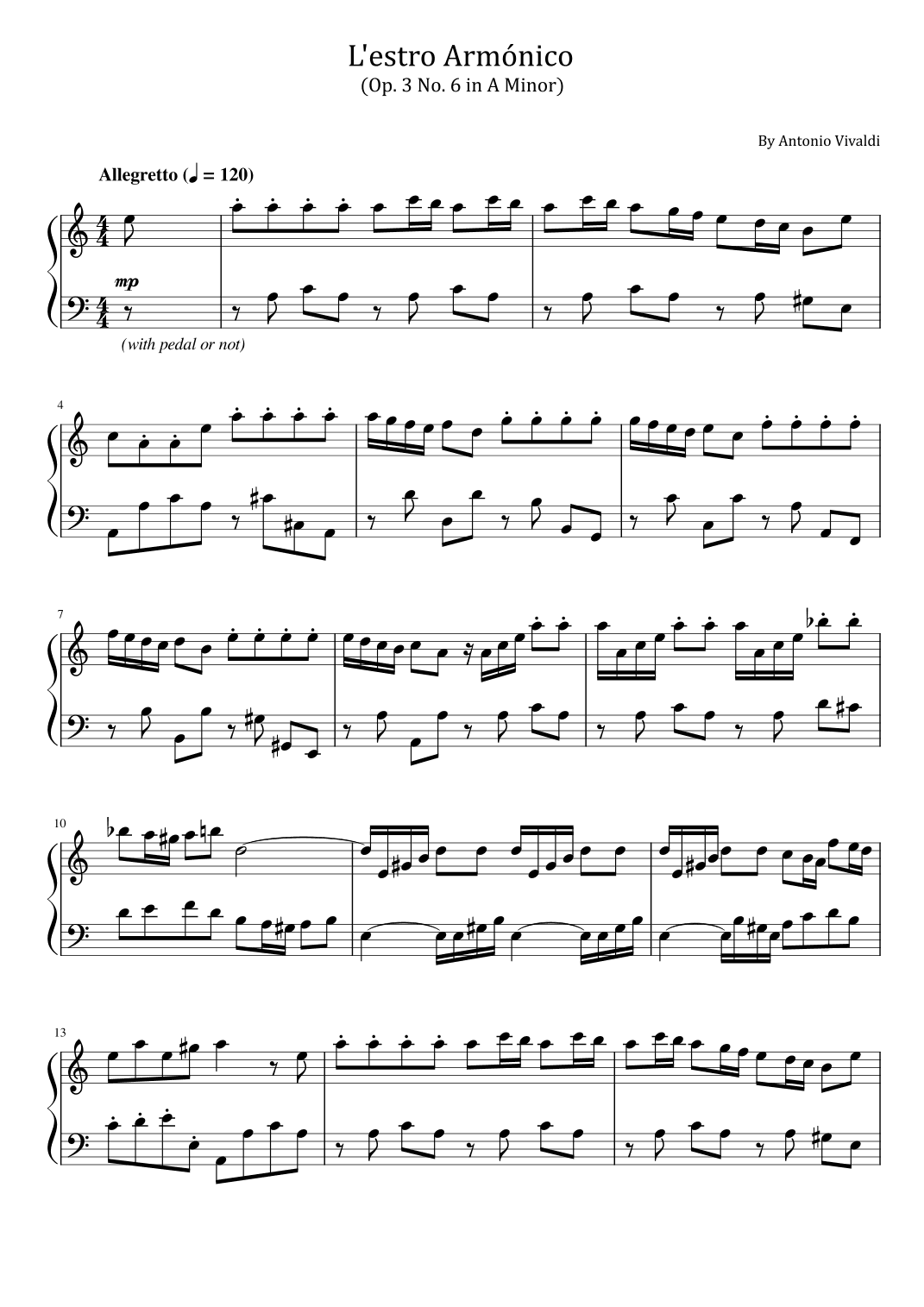 Vivaldi - L'Estro Armonico - (RV 356 Op.3 No.6 in A Minor) - For Piano Solo (arr. poon)