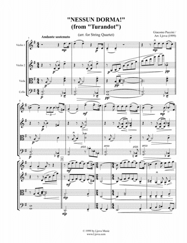 Nessun Dorma for string quartet (score and parts) (arr. arr. Ljova)