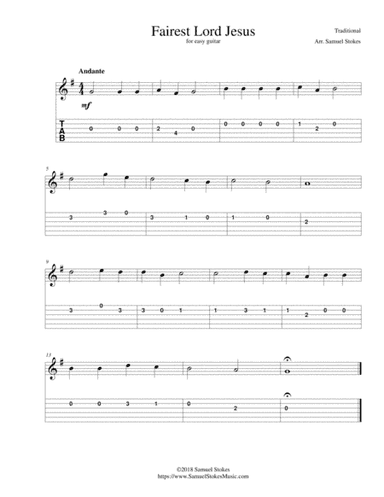 Fairest Lord Jesus - for easy guitar with TAB (arr. Samuel Stokes)