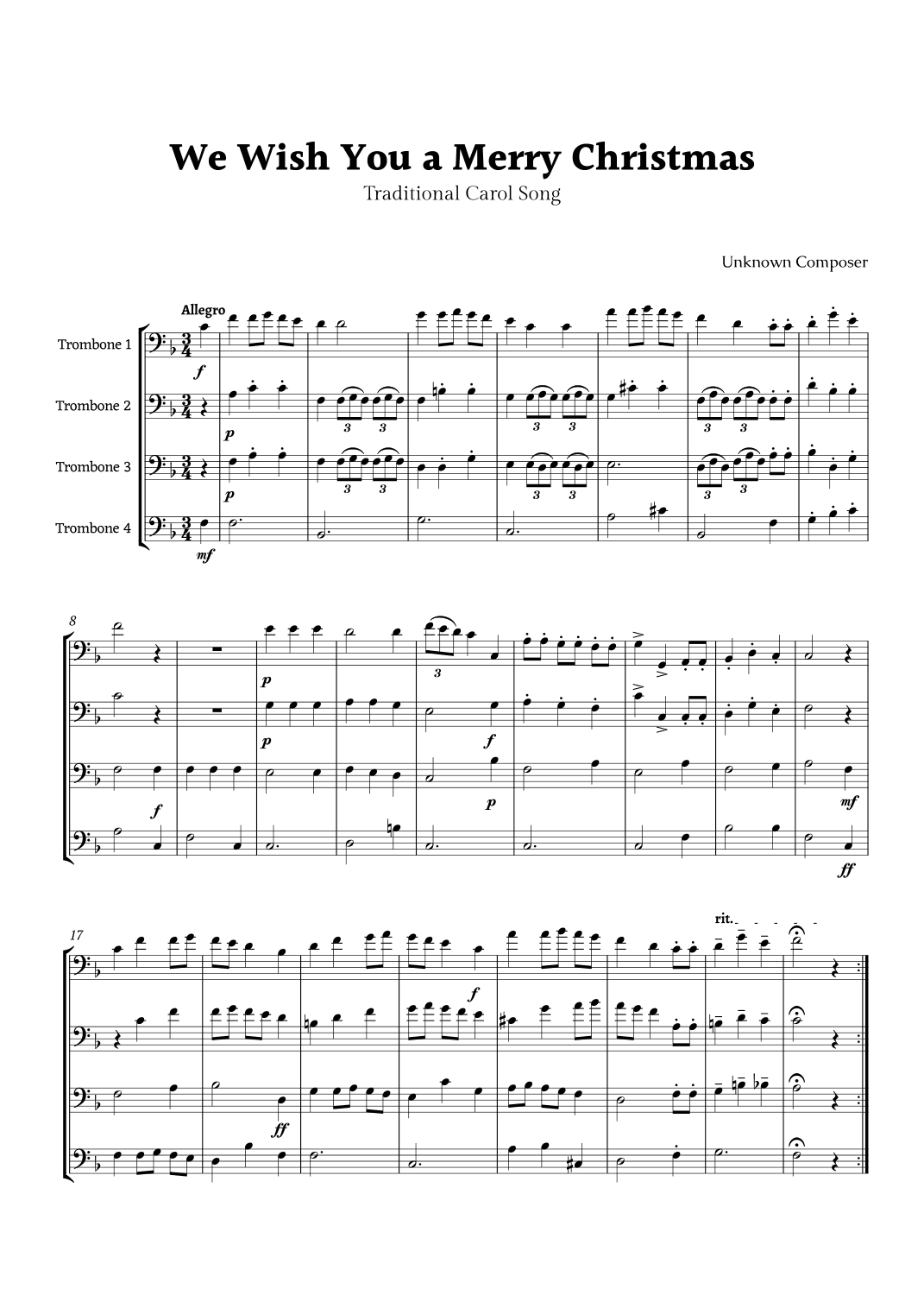 We Wish you a Merry Christmas for Trombone Quartet (arr. Rika K.)
