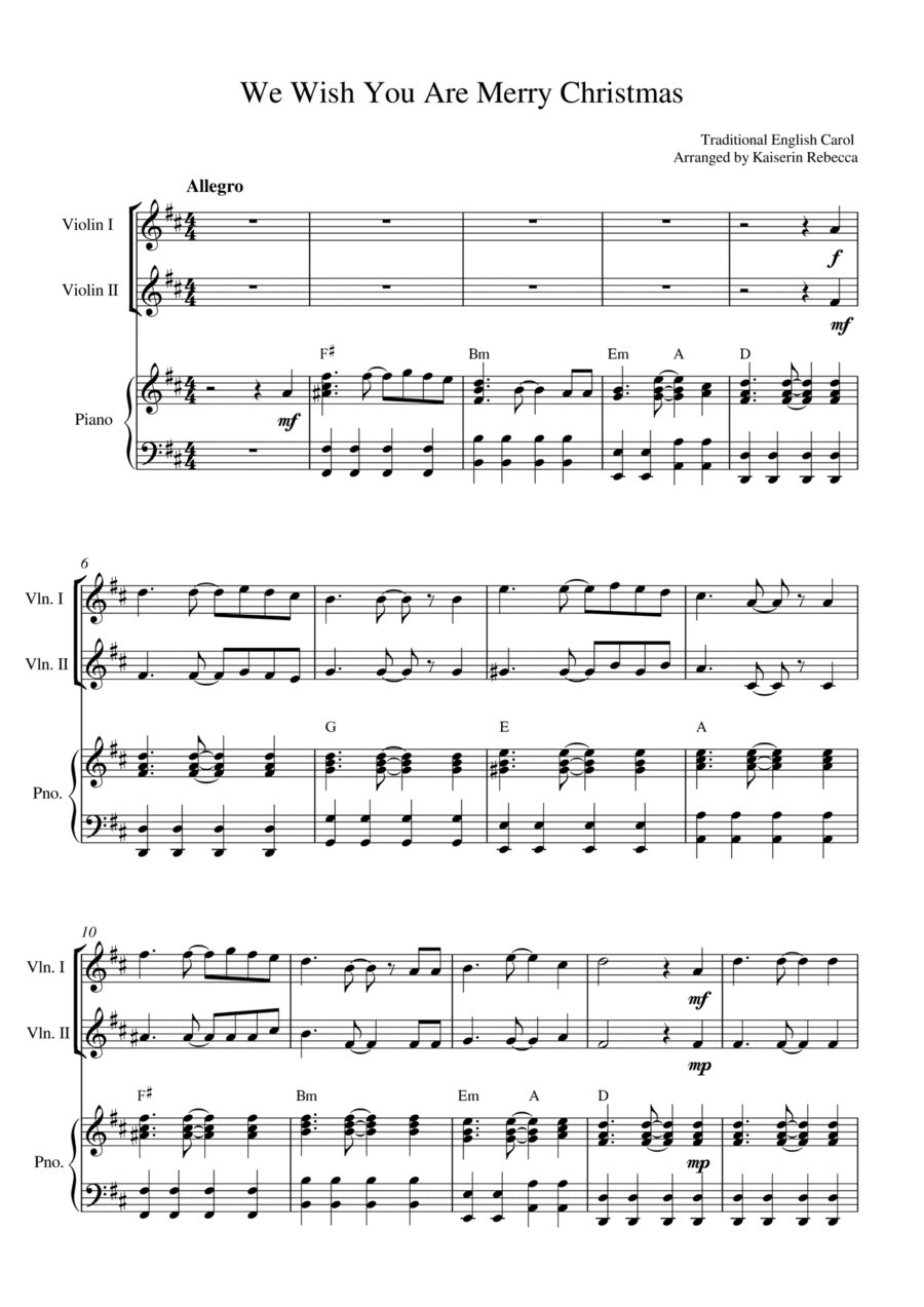 We Wish You Are Merry Christmas (for violin duet and piano accompaniment) (arr. Kaiserin Rebecca)