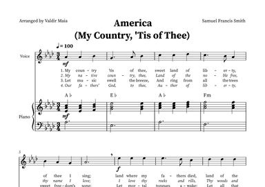 America (My Country, 'Tis of Thee) - Voice and Piano in A-flat (+CHORDS) (arr. Valdir Maia)