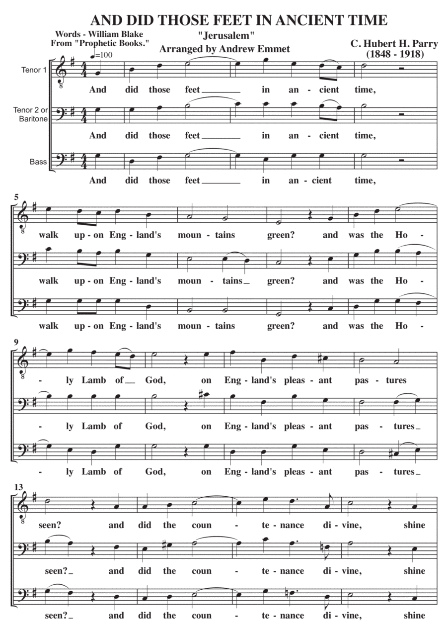 Jerusalem (And Did Those Feet) A Cappella TBB (arr. Andrew Emmet)