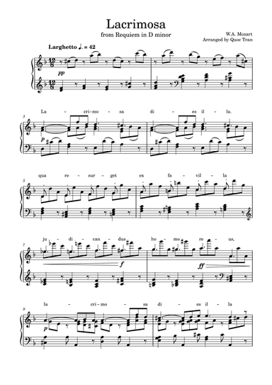 Mozart Lacrimosa - Requiem in D minor - For Piano Solo (Intermediate) (arr. Quoc Tran)