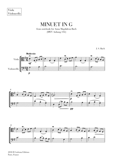 Minuet in G (from Anna Magdalena Notebook) for Viola and Cello Duet (String Duet) (arr. Cadenza Editions)