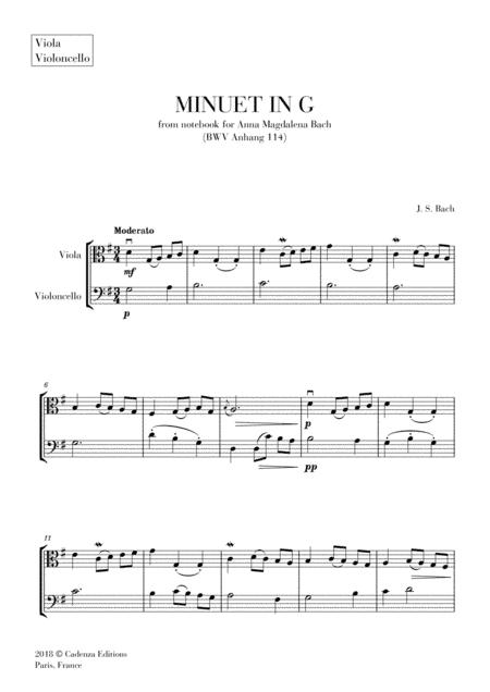 Minuet in G (from Anna Magdalena Notebook) for Viola and Cello Duet (String Duet) (arr. Cadenza Editions)