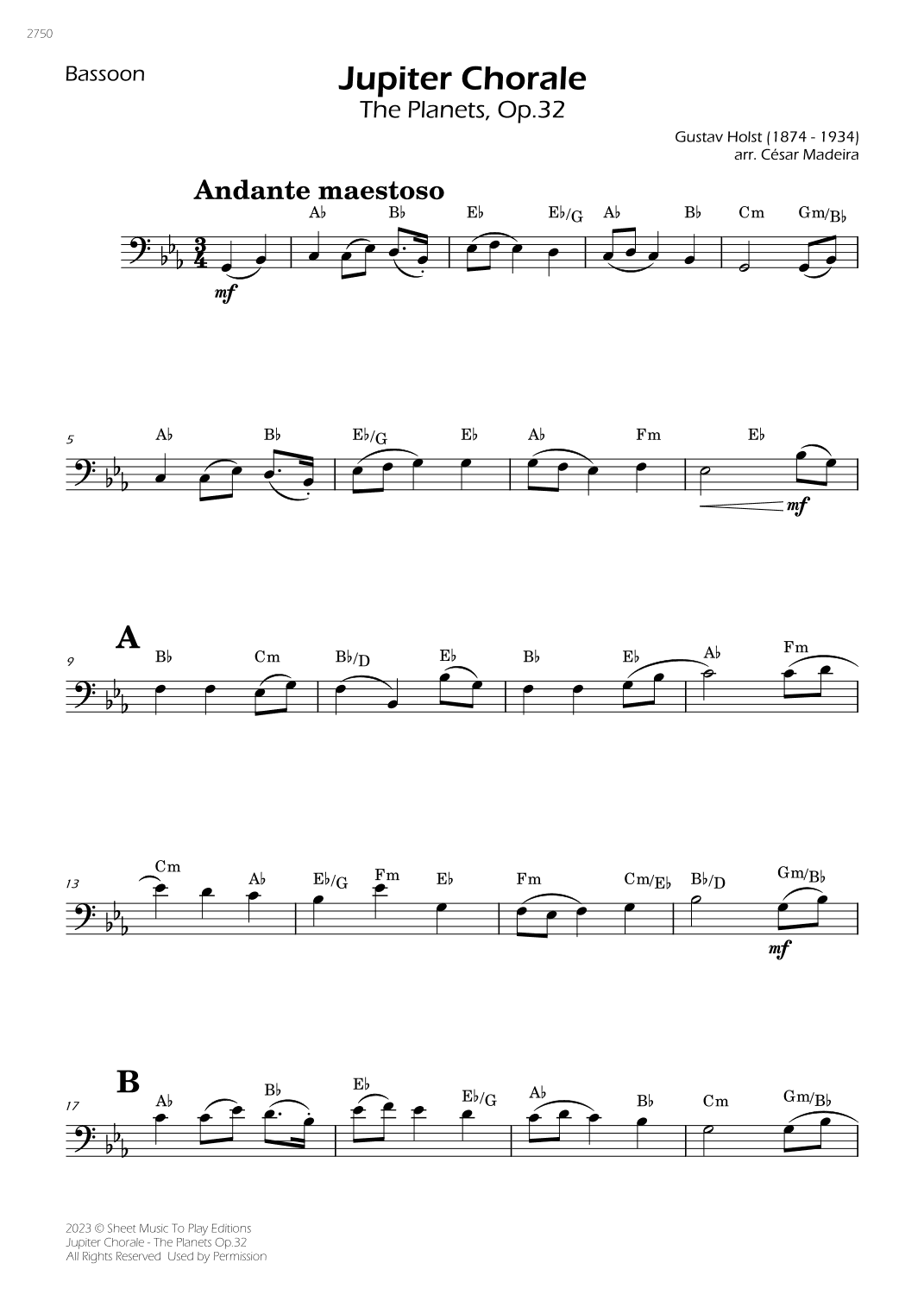 Jupiter Chorale from The Planets - Bassoon Solo - W/Chords (arr. César Madeira)