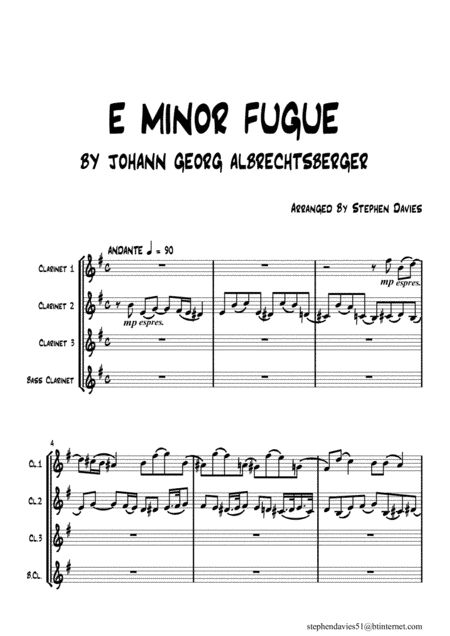'E Minor Fugue' by Johann Georg Albrechtsberger for Clarinet Quartet. (arr. Stephen Davies)