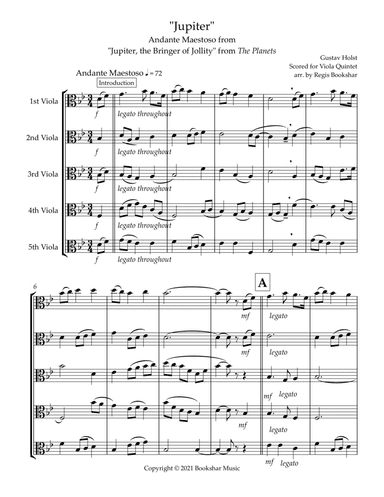 Jupiter (Andante Maestoso from "Jupiter, the Bringer of Jollity" from The Planets) (Bb) (Viola Quint (arr. Regis Bookshar)