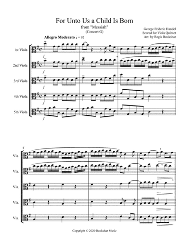 For Unto Us a Child is Born (from "Messiah") (G) (Viola Quintet) (arr. Regis Bookshar)