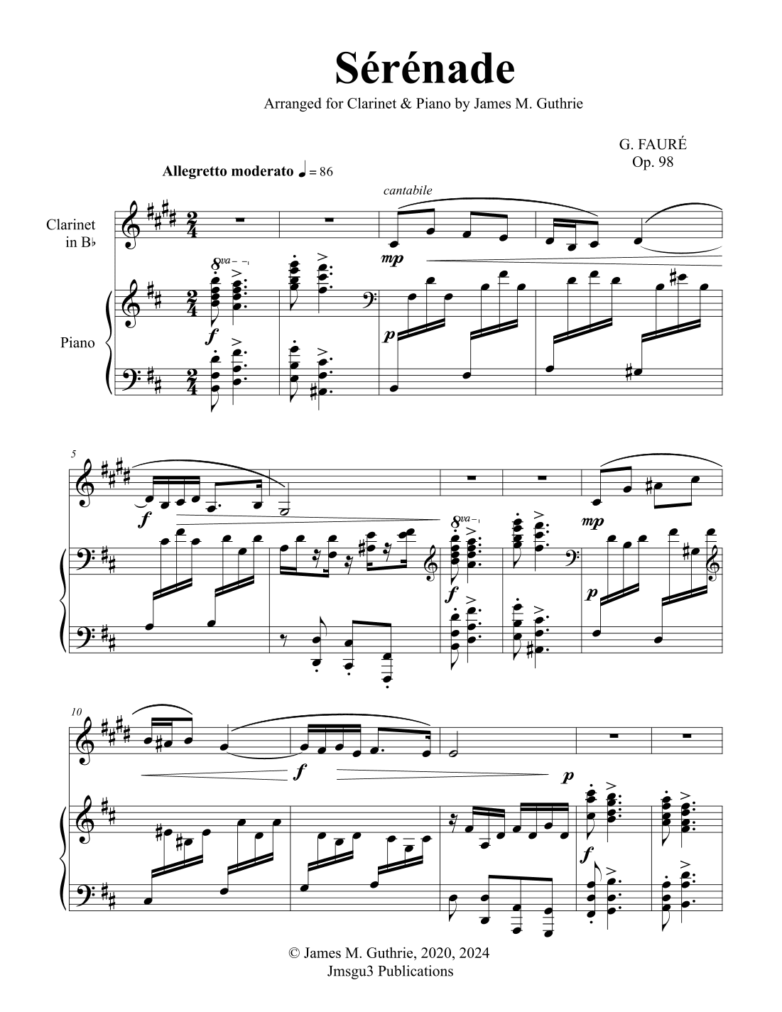 Fauré: Sérénade Op. 98 for Clarinet & Piano (arr. James Guthrie, ASCAP)