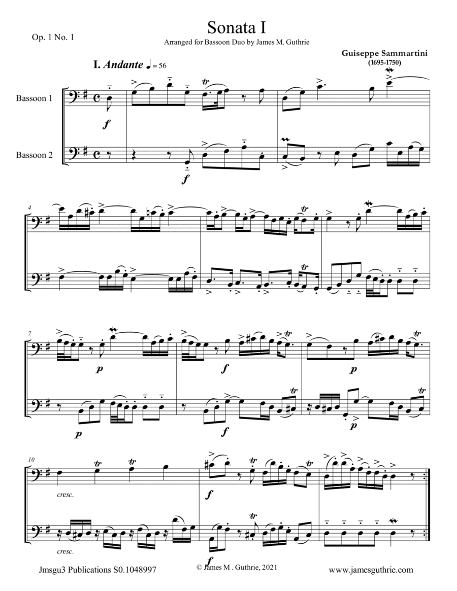 Sammartini: Sonata Op.1 No.1 for Bassoon Duo (arr. James M. Guthrie)