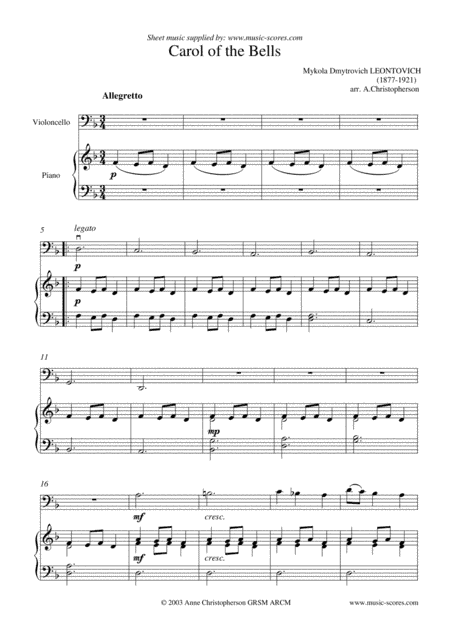 Carol of the Bells - Cello and Piano (arr. Anne L Christopherson GRSM ARCM)