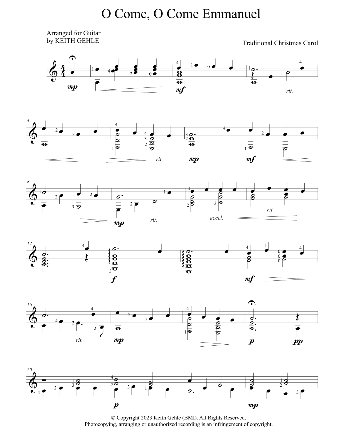 "O Come, O Come Emmanuel" for solo classical fingerstyle guitar (arr. Keith W. Gehle)