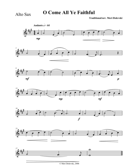 O Come All Ye Faithful: E flat saxes (alto, baritone)/piano (arr. Meri Dolevski)