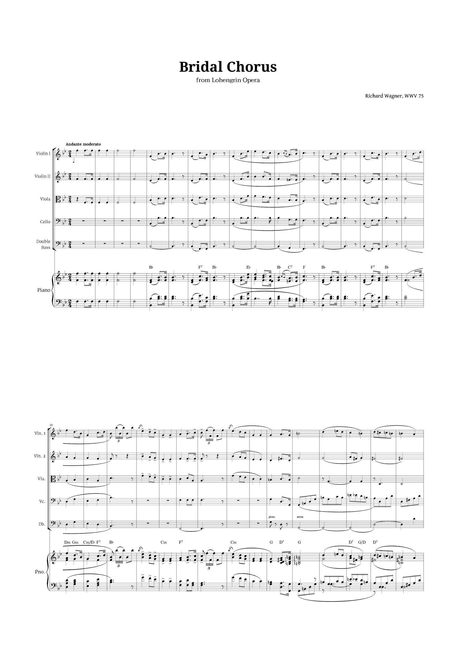 Bridal Chorus by Wagner for String Quintet and Piano with Chords (arr. Langanho)