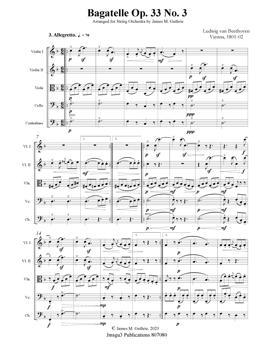 Beethoven: Bagatelle Op. 33 No. 3 for String Orchestra (arr. James M. Guthrie, ASCAP)