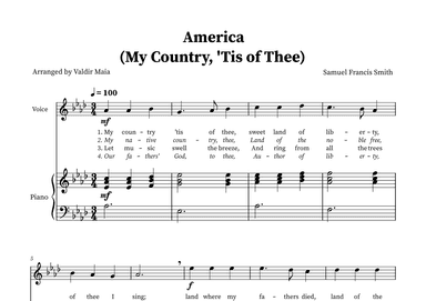America (My Country, 'Tis of Thee) - Voice and Piano in A-flat (arr. Valdir Maia)