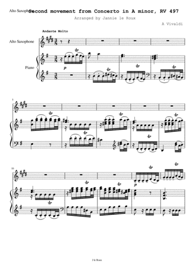 Concerto RV 497 (second movement) Arranged for Alto saxophone (arr. Jannie e Roux)