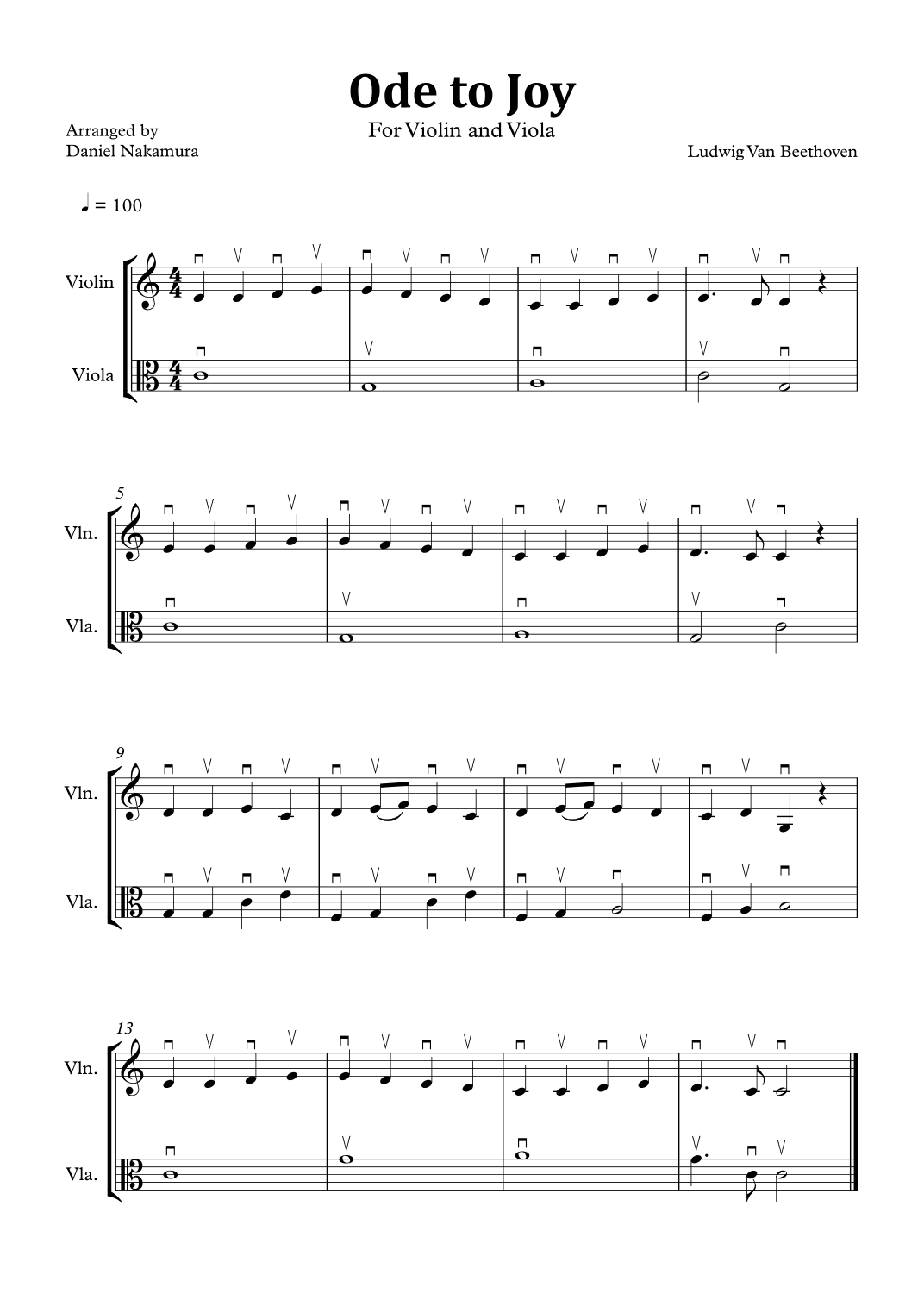 Ode to Joy (Easy Violin and Viola) (arr. Daniel Nakamura)