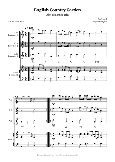 English Country Garden – Alto Recorder Trio Sheet Music (with Optional Piano) (arr. Valdir Maia)