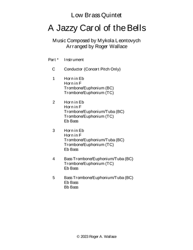 Carol of the Bells (Jazz Waltz for Low Brass Quintet) (arr. Roger Wallace)