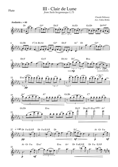 Clair de Lune (C. Debussy) for Flute Solo with Chords (Db Major) (arr. Fabio Britto)