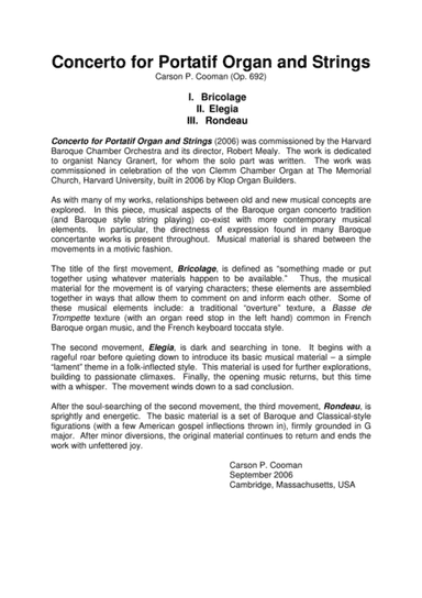 Carson Cooman: Concerto for Portatif Organ and Strings (2006), score and complete parts