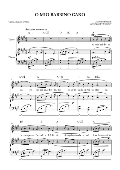 O Mio Babbino Caro | Male Voice Tenor | A Major | Piano accompaniment | Pedal | Chords (arr. Milanov)