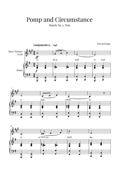 Edward Elgar - Pomp and Circumstance (for Bass Clarinet and Piano) with chords (arr. Cadenza Editions)