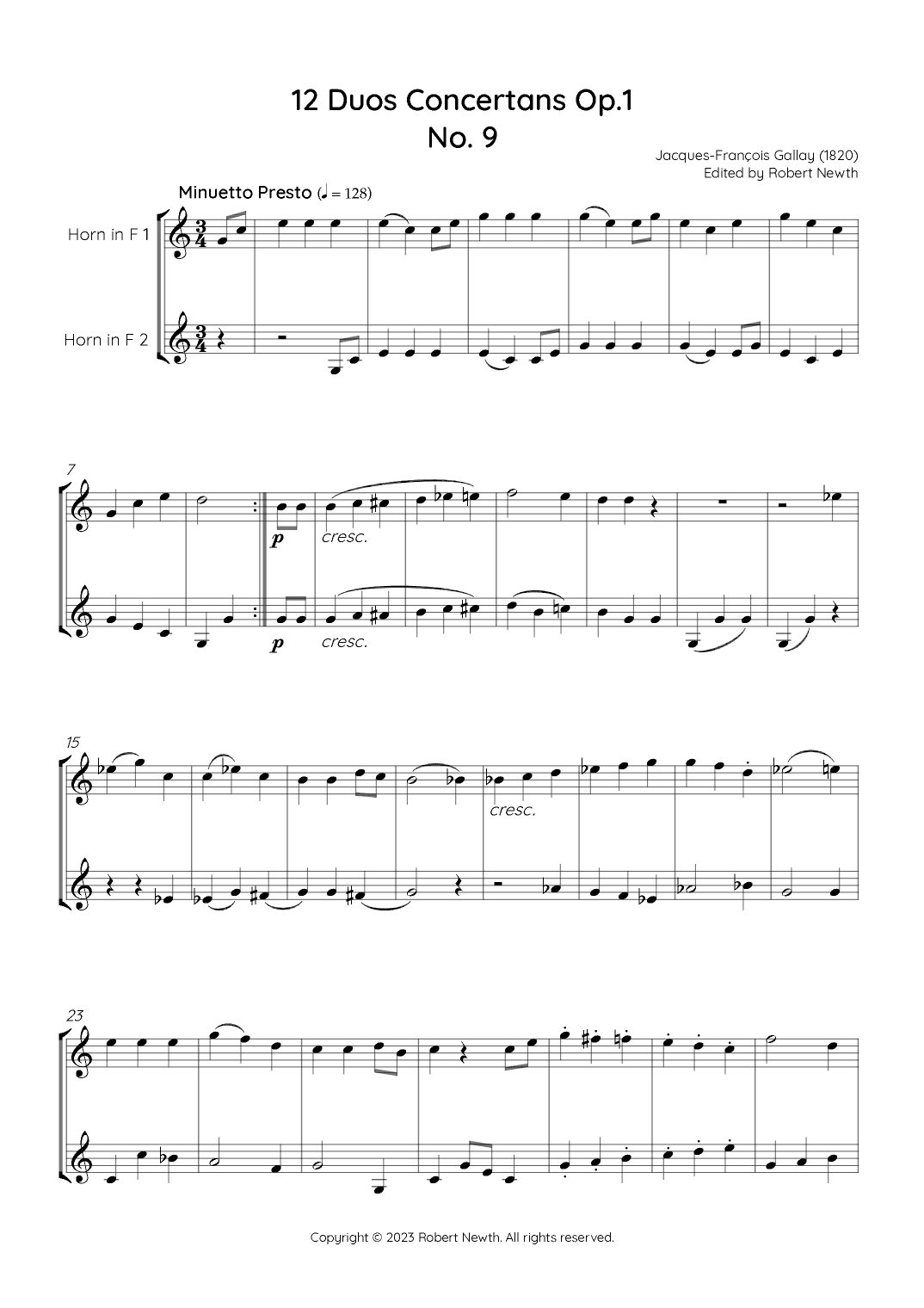 Gallay - 12 Duos Concertans Op. 1 No. 9 'Minuetto presto' (for Horn Duet) (arr. Robert Newth)