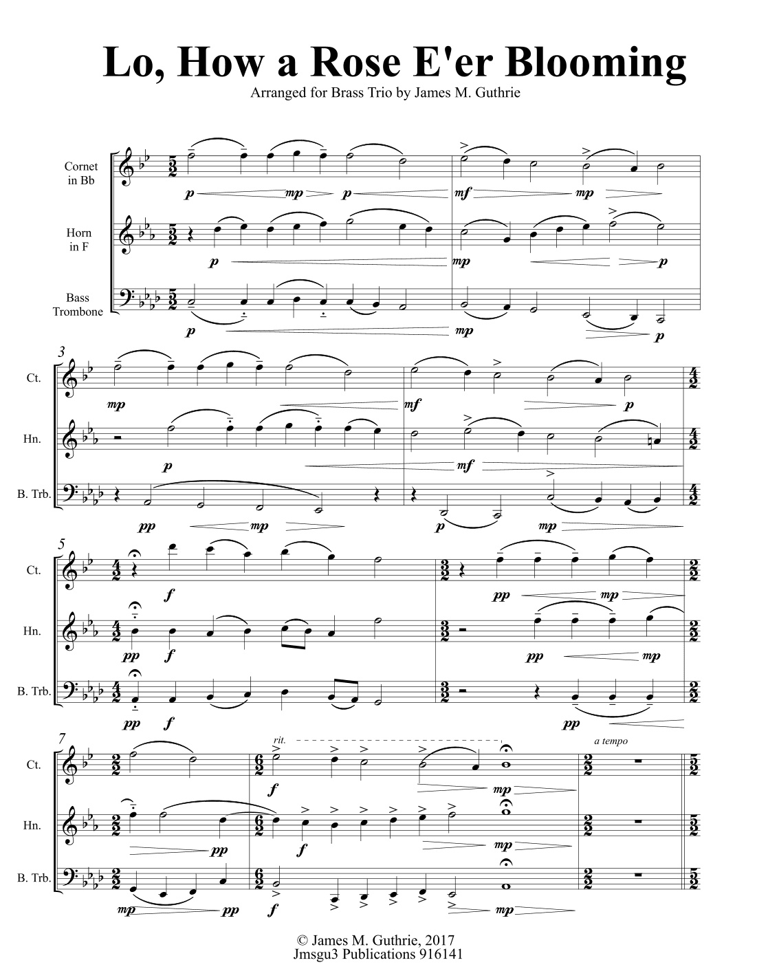 Lo, How a Rose E'er Blooming for Brass Trio (arr. James M. Guthrie)