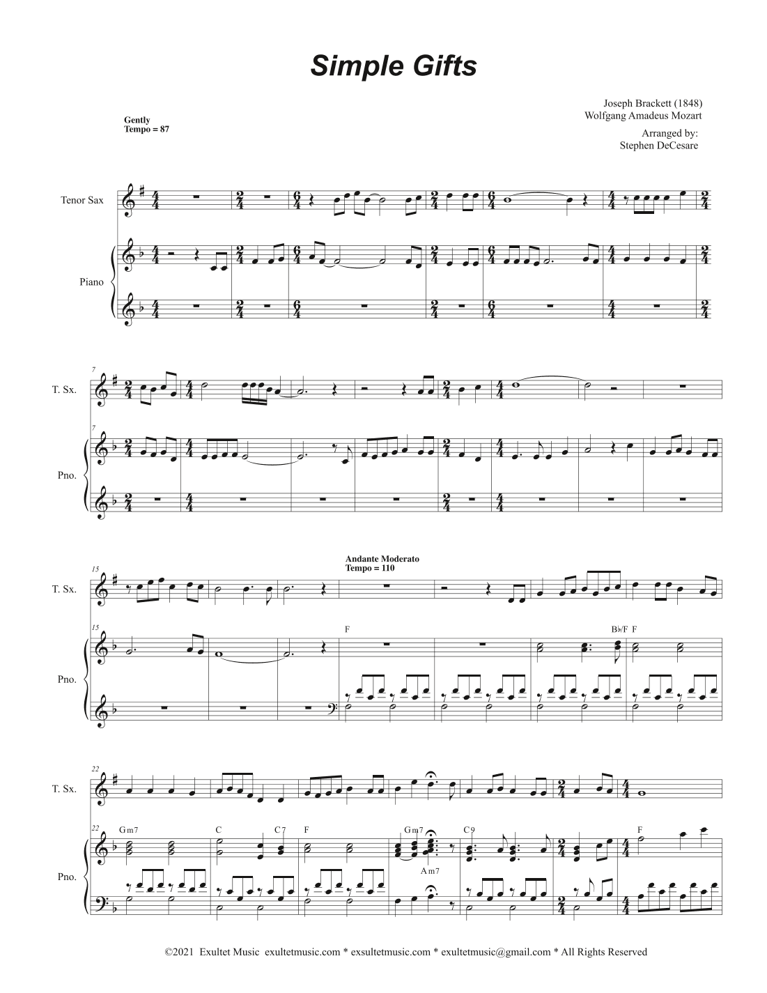 Simple Gifts (Tenor Saxophone solo and Piano) (arr. Stephen DeCesare)