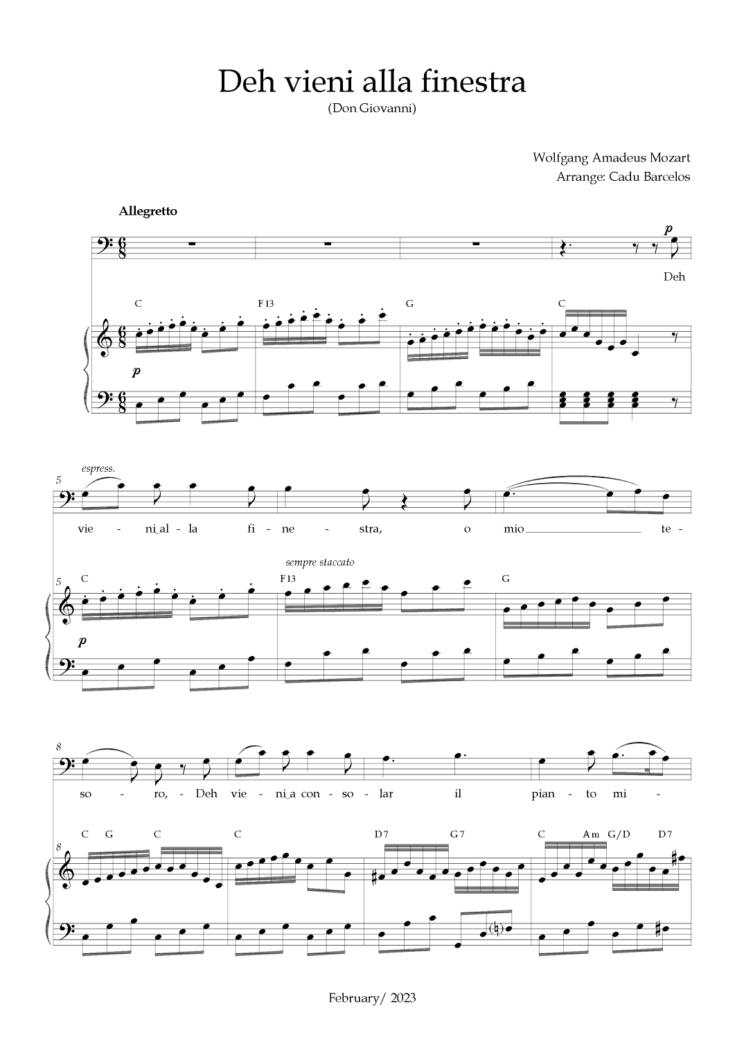 Deh vieni alla finestra (Don Giovanni) Mozart - C Major Chords (BARITONE) (arr. Cadu Barcelos)