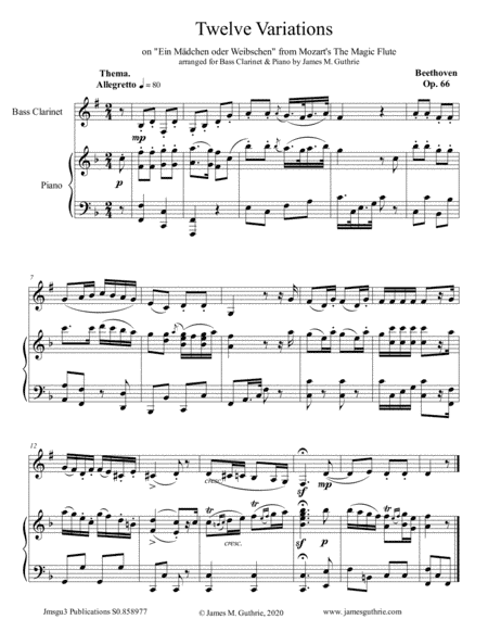 Beethoven: 12 Variations Op. 66 for Bass Clarinet & Piano (arr. James M. Guthrie, ASCAP)