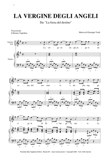 LA VERGINE DEGLI ANGELI - Verdi - For Soprano (or any instrument in C) and Organ (arr. Renato Tagliabue)