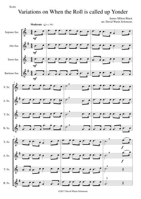 Variations on When the Roll Is Called Up Yonder for saxophone quartet (arr. David Warin Solomons)