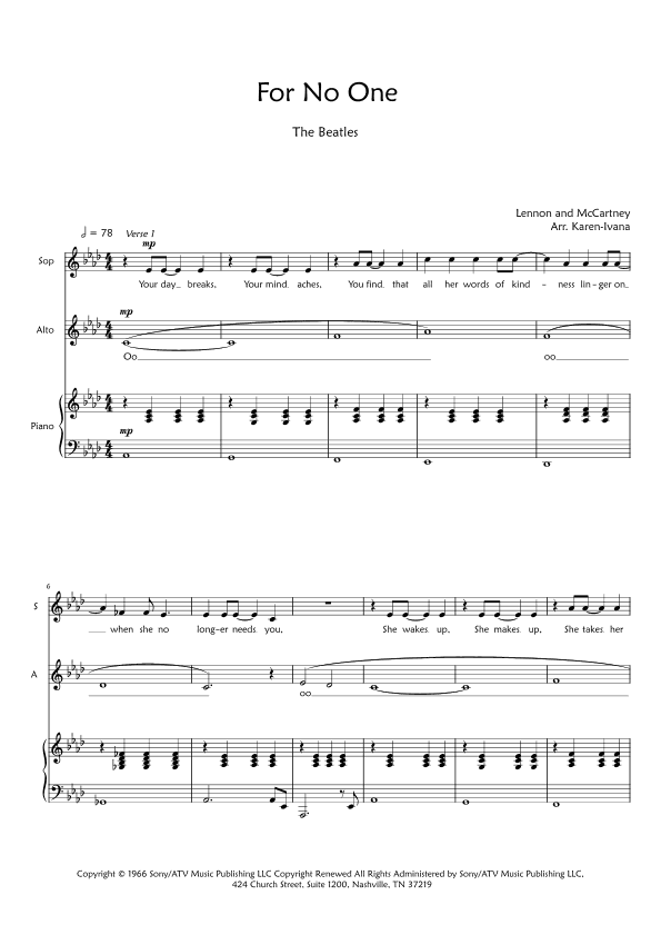 For No One (arr. Karen Ivana)