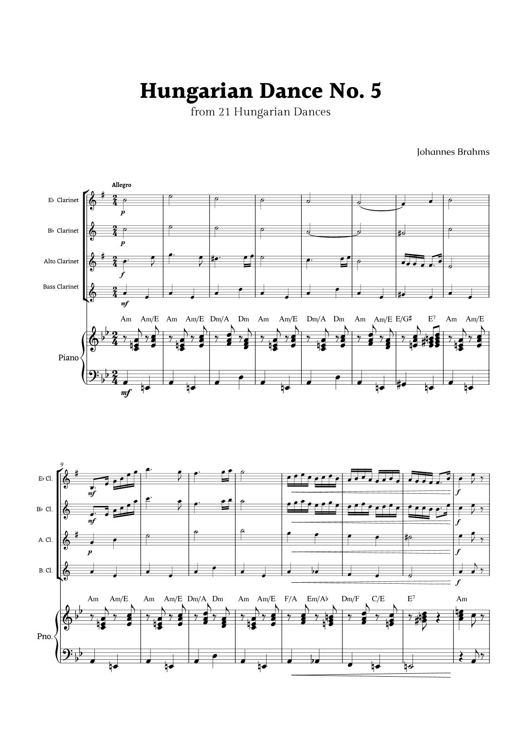 Hungarian Dance No. 5 by Brahms for Clarinet Ensemble Quartet and Piano (arr. Rika K.)