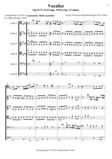 Vocalize "Op.34 No.14 (Comp. 1915) orig. C# minor" (Arranged for 6 Cellos) (arr. Fillipe Mendel)