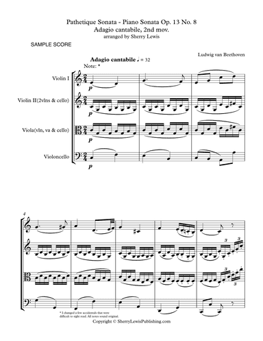PATHETIQUE SONATA,  Adagio cantabile, 2nd mov. Op. 13, No. 8 String Trio, Intermediate Level for 2 v (arr. Sherry Lewis)