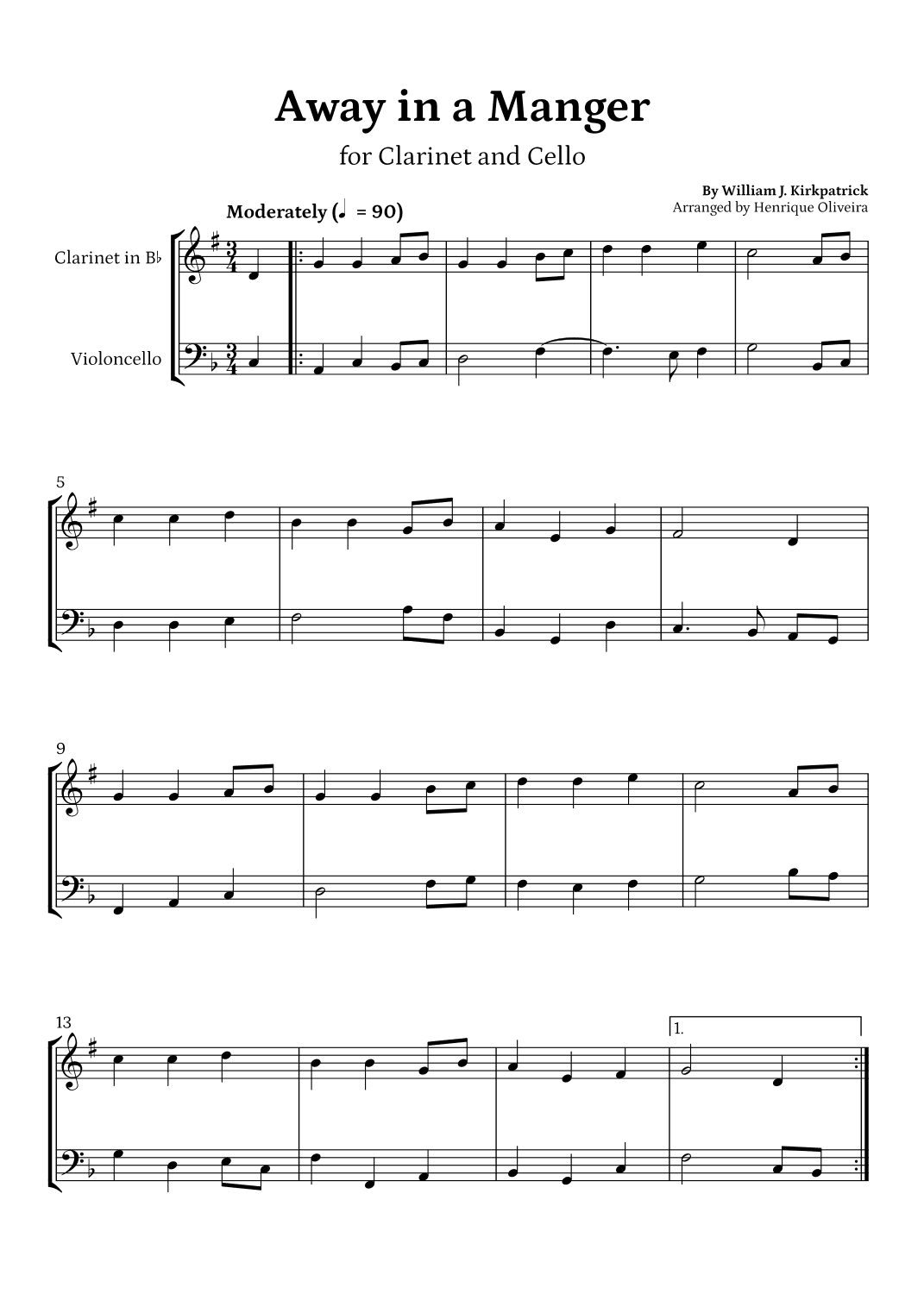 Away in a Manger (Clarinet and Cello) - Beginner Level (arr. Henrique Oliveira)