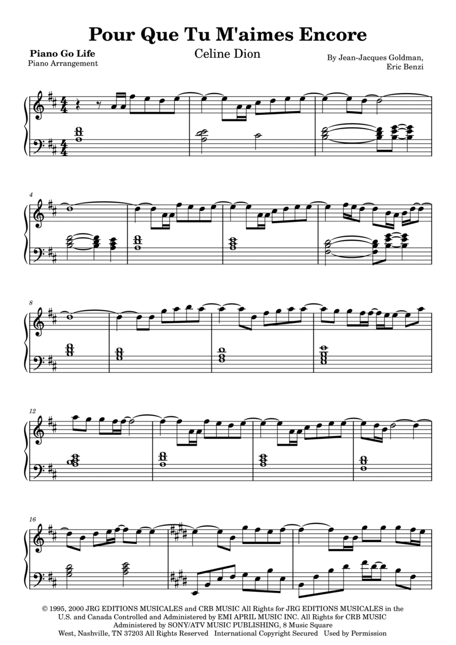 Pour Que Tu M'aimes Encore (arr. Piano Go Life)