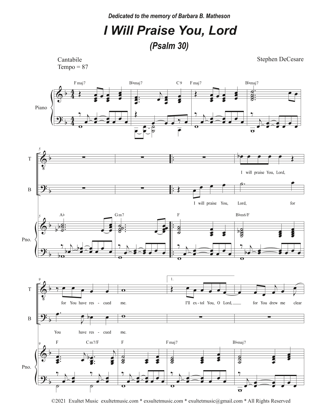 I Will Praise You, Lord (Psalm 30) (2-part choir - (TB)