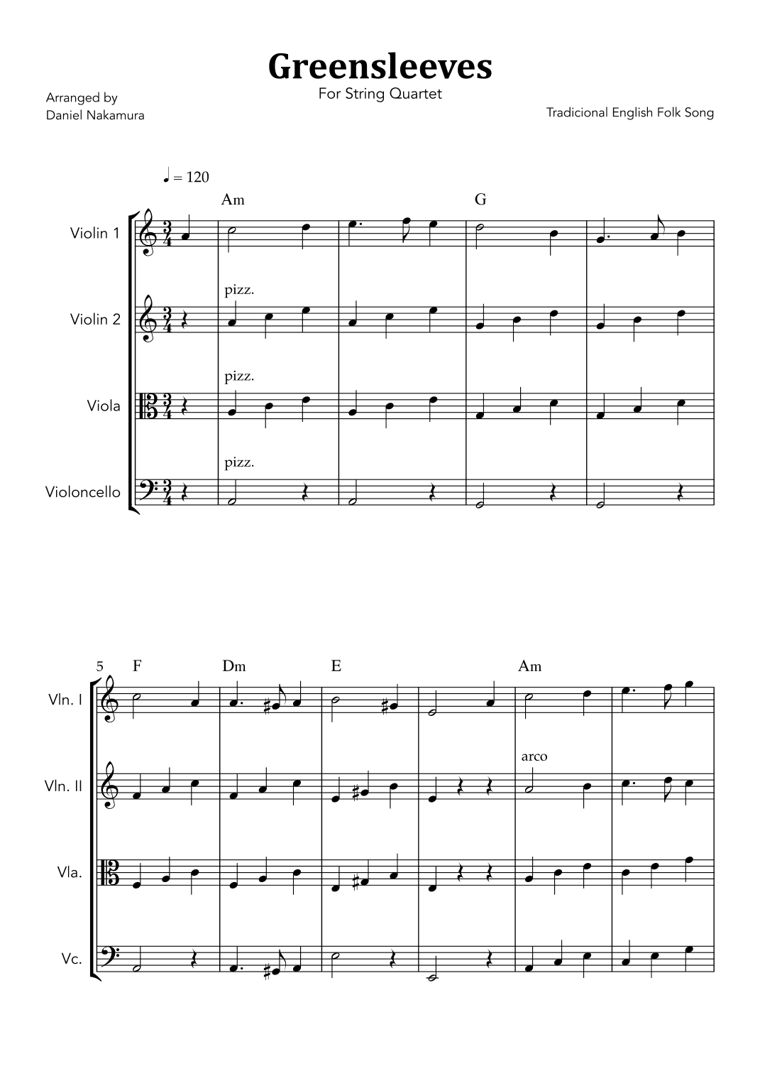 Greensleeves (for String Quartet) (arr. Daniel Nakamura)