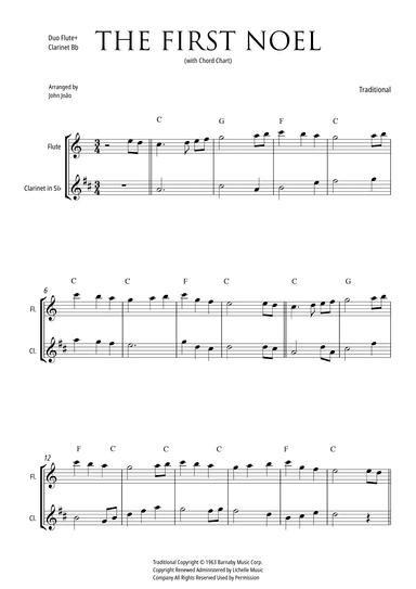 The First Noel (Duet Flute and Clarinet in Bb, with Chord Chart) (arr. john Joao)