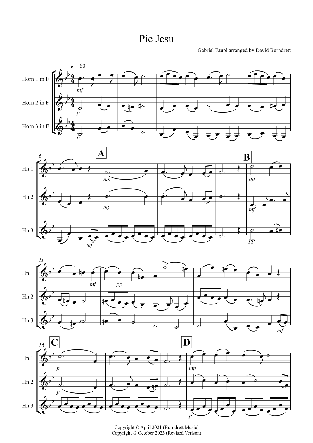Pie Jesu (from Requiem) for Horn Trio (arr. David Burndrett)