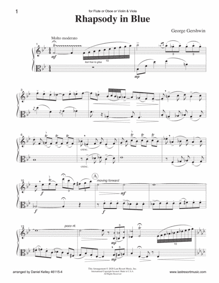 Rhapsody in Blue for Flute or Oboe or Violin & Viola Duet - Music for Two (arr. Last Resort Music Publishing)
